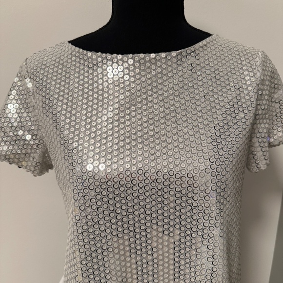 *ZARA* White x Silver Short Sleeve Sequin Top Size Small - Picture 3 of 7